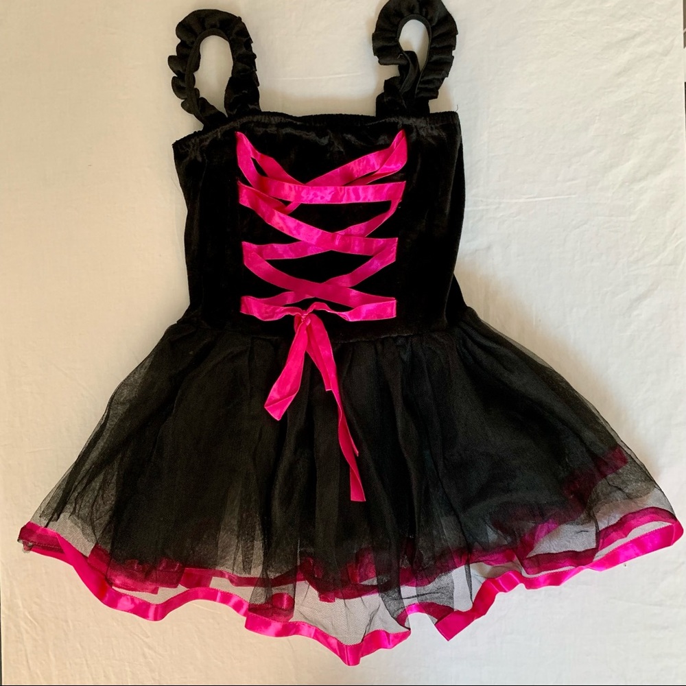 Ballerina Witch Halloween costume black bodysuit tulle skirt hot pink satin trim